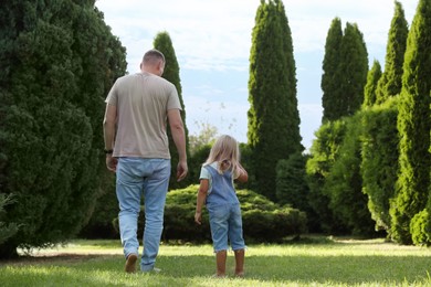 Father and his daughter spending time together on green lawn in park, back view