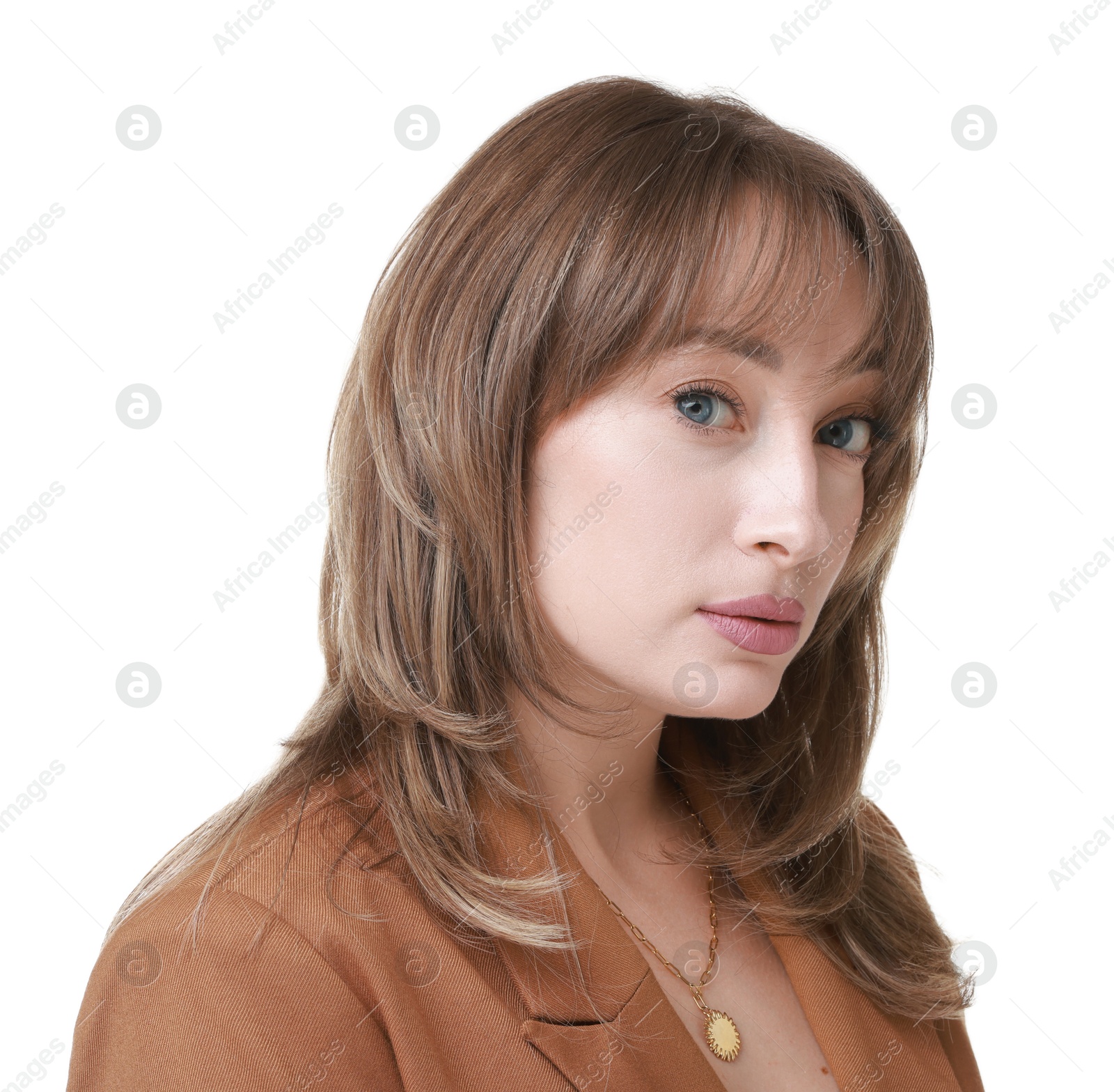 Photo of Attractive woman with stylish haircut on white background