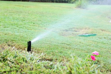 Photo of Automatic sprinkler watering green grass in garden