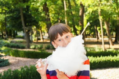 Photo of Portrait of little boy eating sweet cotton candy in park