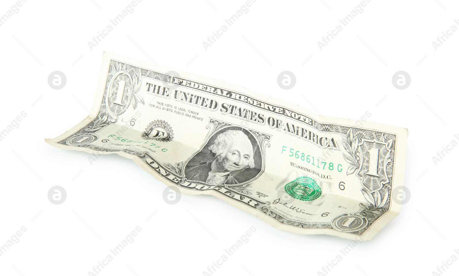 Photo of One crumpled dollar banknote isolated on white