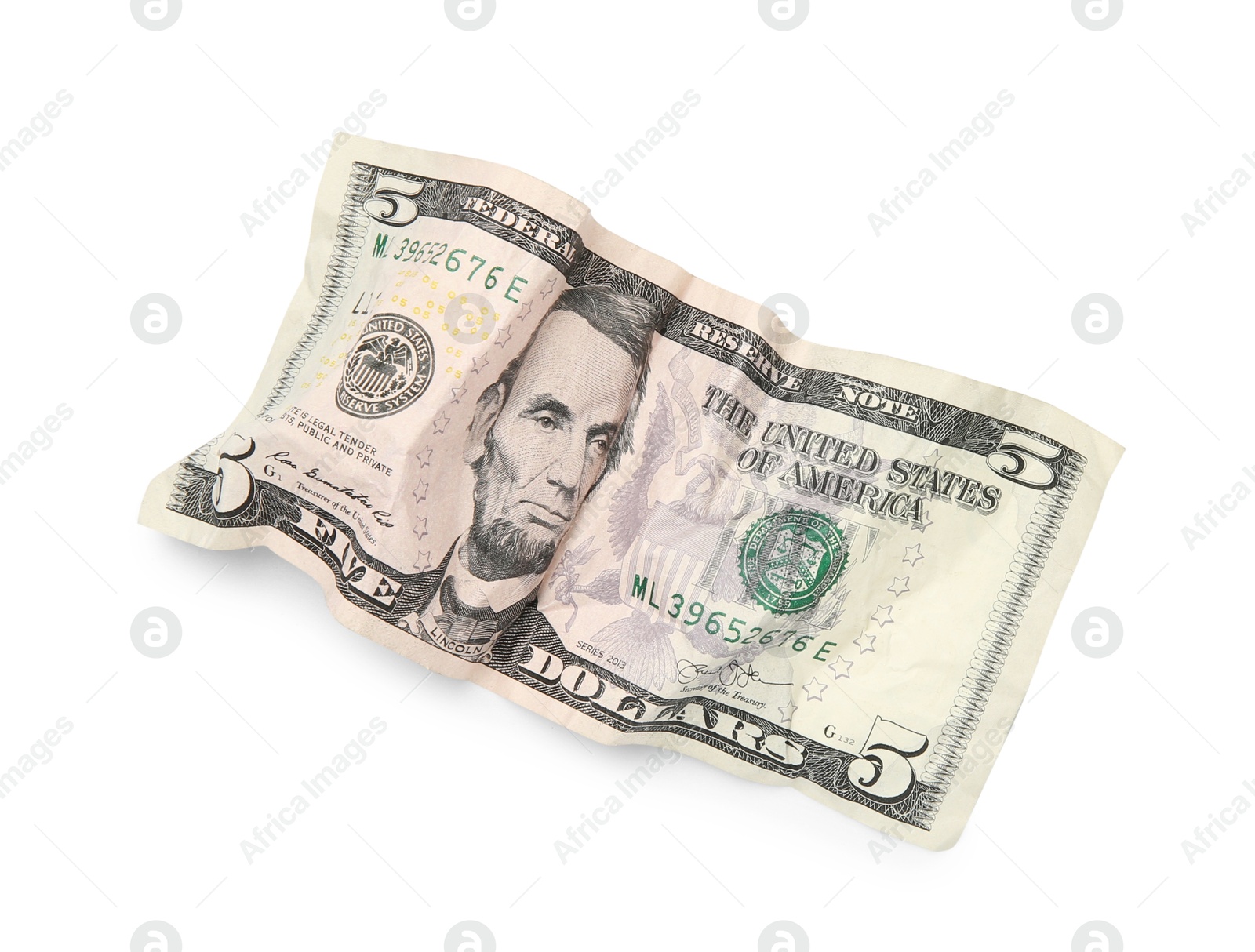 Photo of One crumpled dollar banknote isolated on white, top view