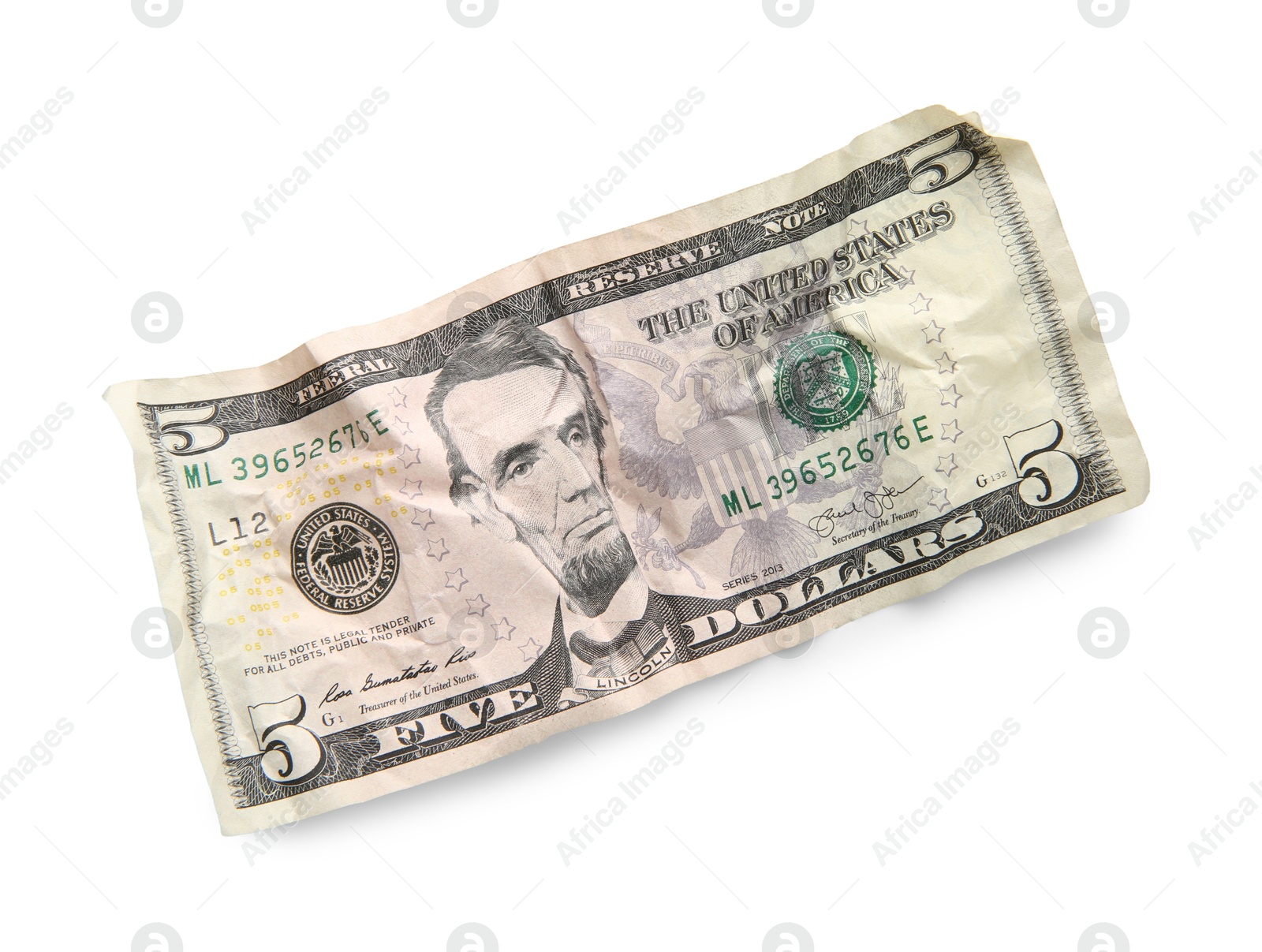 Photo of One crumpled dollar banknote isolated on white, top view