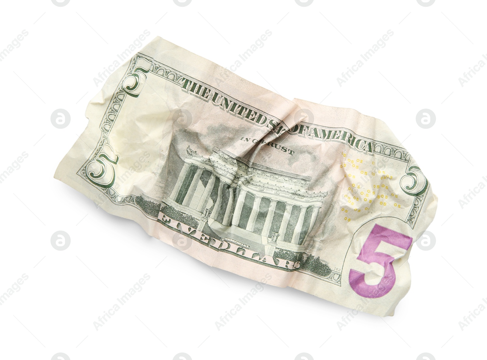 Photo of One crumpled dollar banknote isolated on white, top view