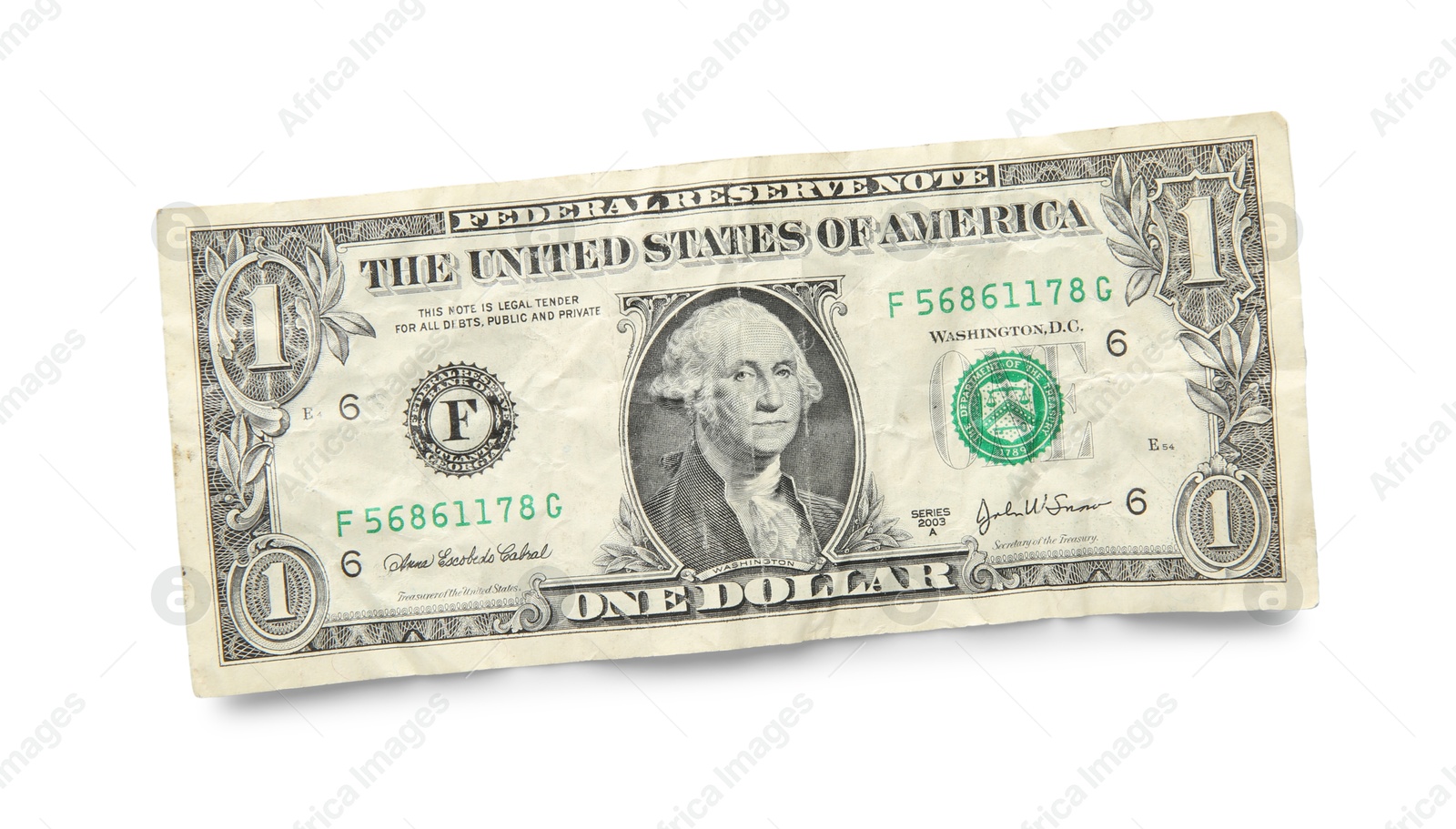 Photo of One crumpled dollar banknote isolated on white, top view