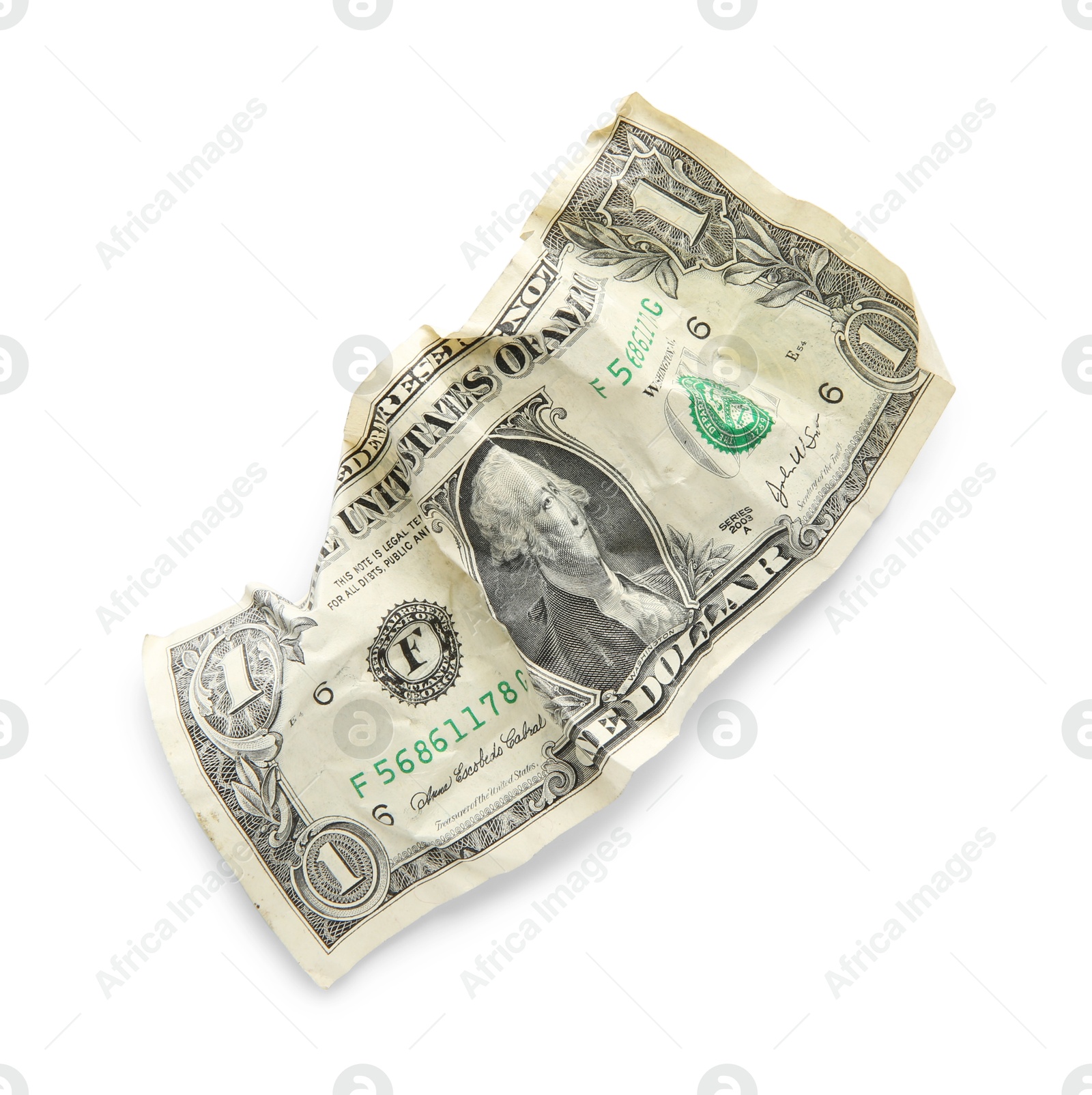 Photo of One crumpled dollar banknote isolated on white, top view