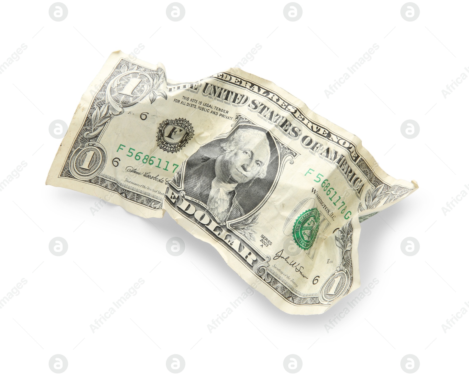 Photo of One crumpled dollar banknote isolated on white, top view