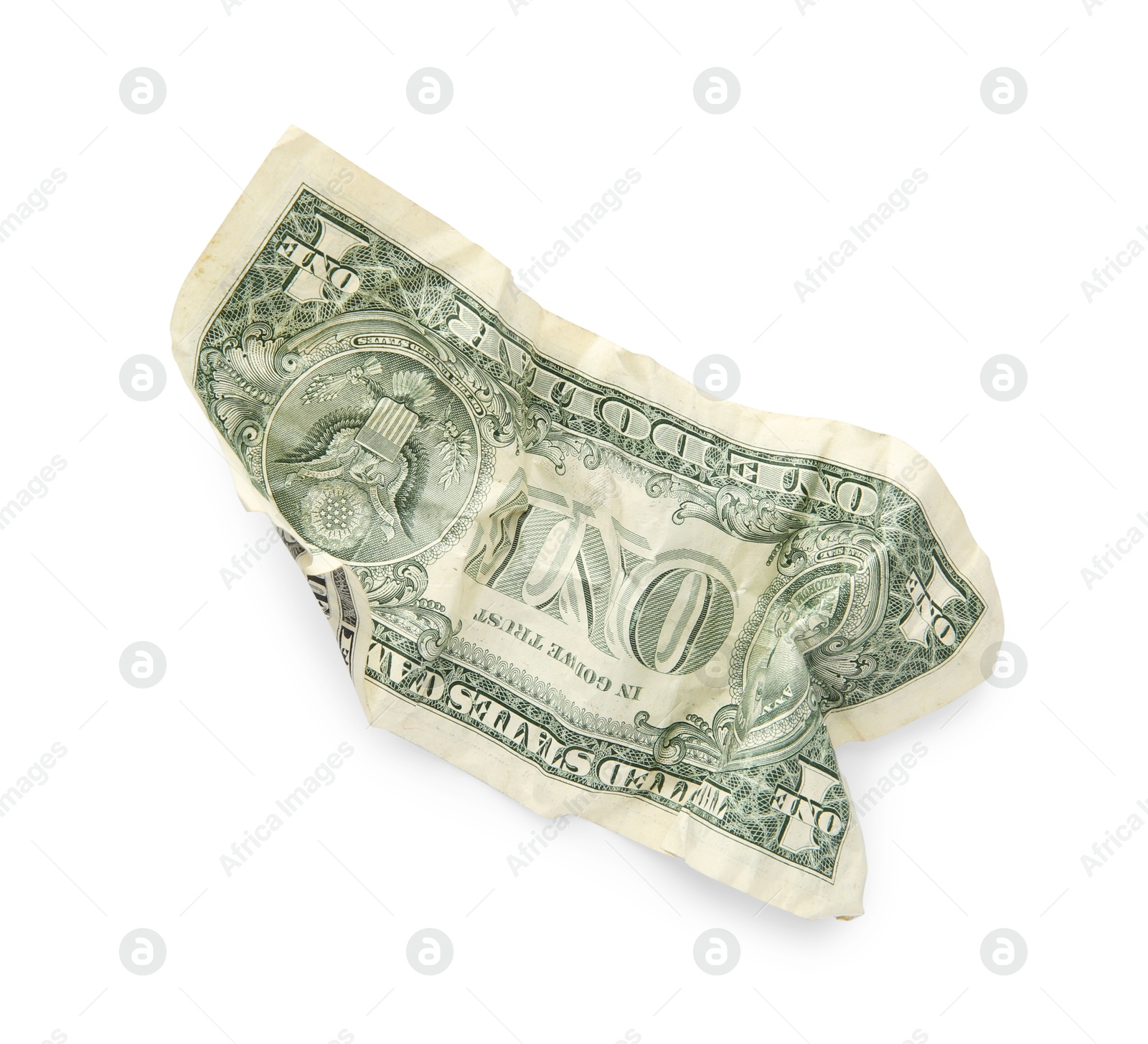 Photo of One crumpled dollar banknote isolated on white, top view