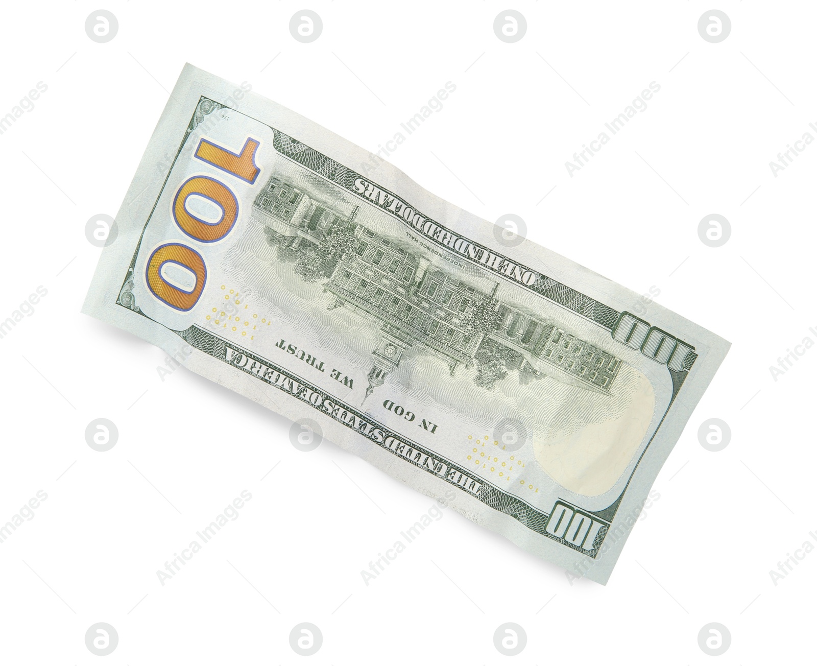 Photo of One crumpled dollar banknote isolated on white, top view