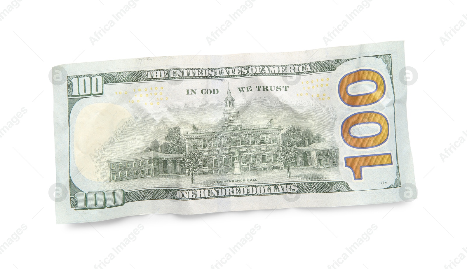 Photo of One crumpled dollar banknote isolated on white, top view