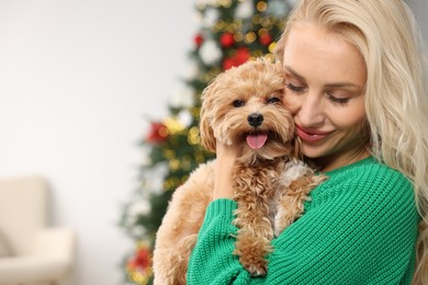 Woman with cute Maltipoo dog at home, space for text