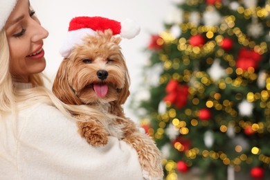 Woman with cute Maltipoo dog in room decorated for Christmas, space for text