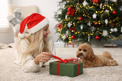 Woman opening Christmas gift and cute Maltipoo dog on rug indoors