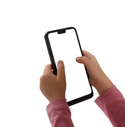 Photo of Little girl with smartphone on white background, closeup