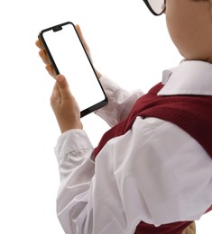 Little boy with smartphone on white background, closeup