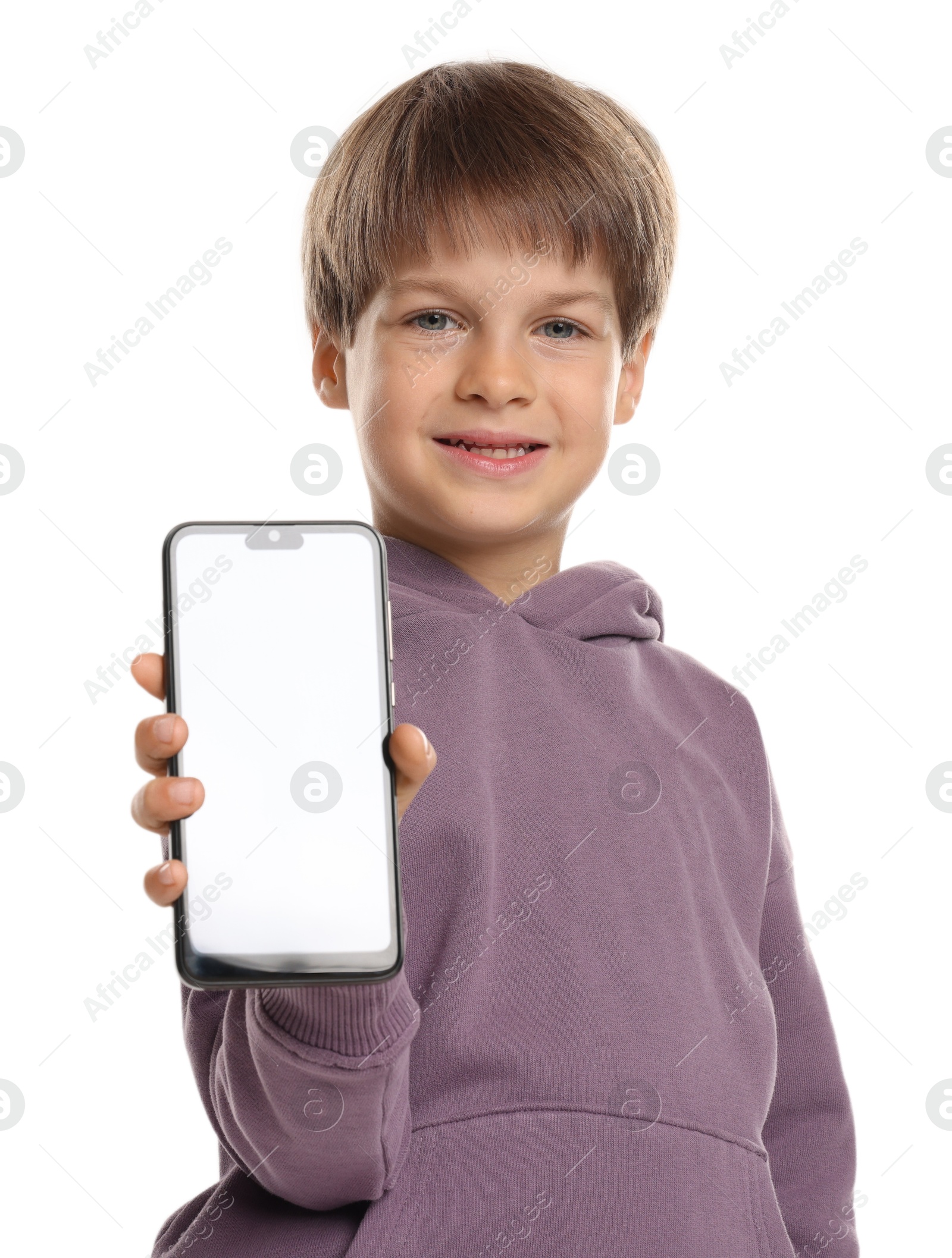 Photo of Cute little boy with smartphone on white background