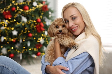 Woman with cute Maltipoo dog in room decorated for Christmas