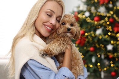 Woman with cute Maltipoo dog in room decorated for Christmas