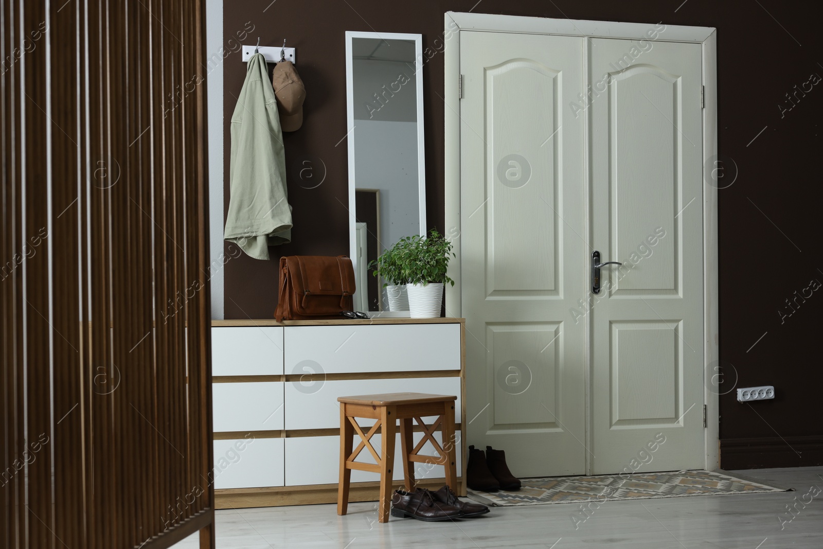 Photo of Stylish hallway interior with coat rack and mirror