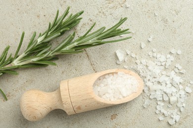 Photo of Sea salt in wooden scoop and rosemary on grey table, top view