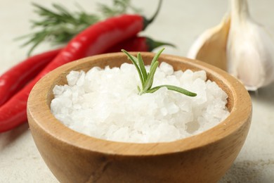 Photo of Sea salt in bowl, rosemary, chili peppers and garlic on grey table, closeup