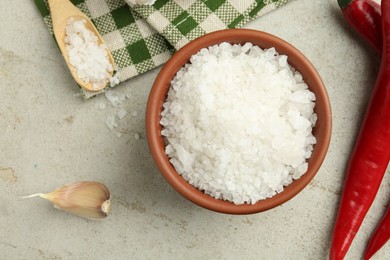 Photo of Sea salt in bowl, garlic and chili peppers on grey table, top view