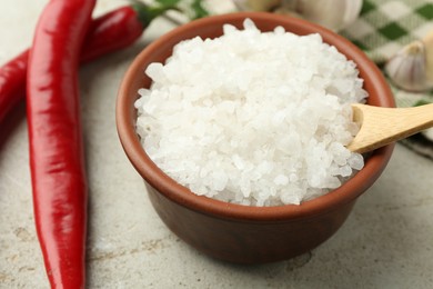 Sea salt in bowl, chili peppers and garlic on grey table, closeup