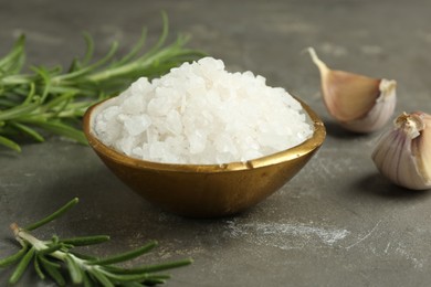 Sea salt in bowl, rosemary and garlic on grey table, closeup