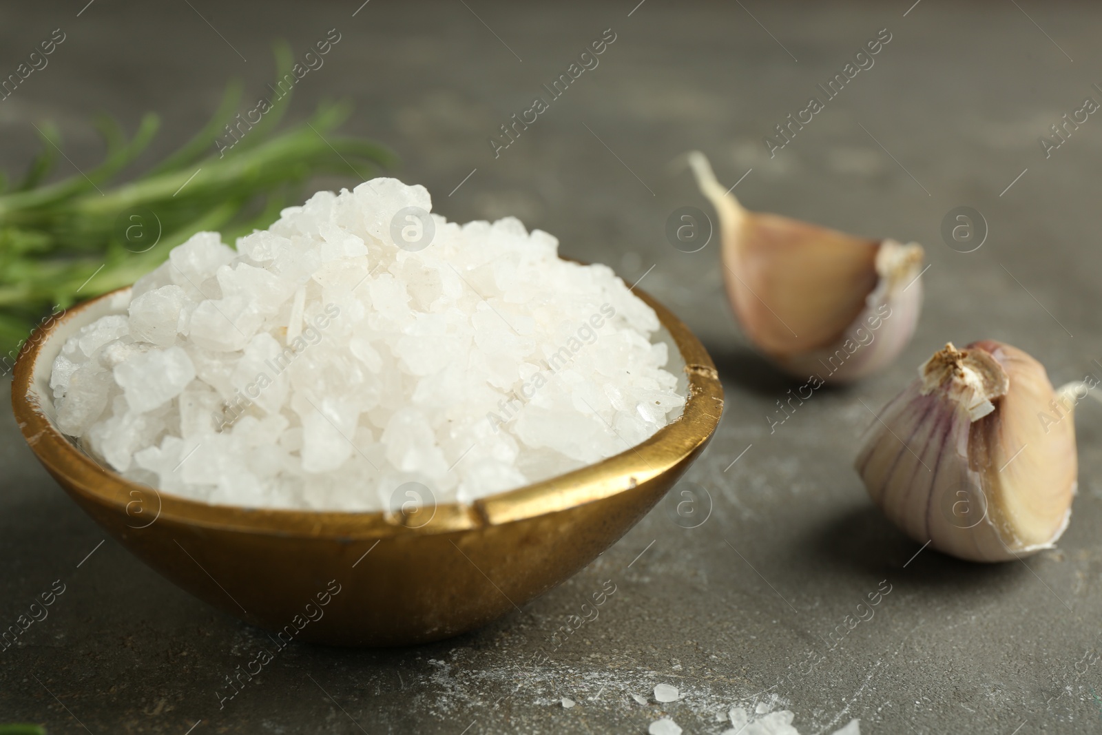 Photo of Sea salt in bowl and garlic on grey table, closeup