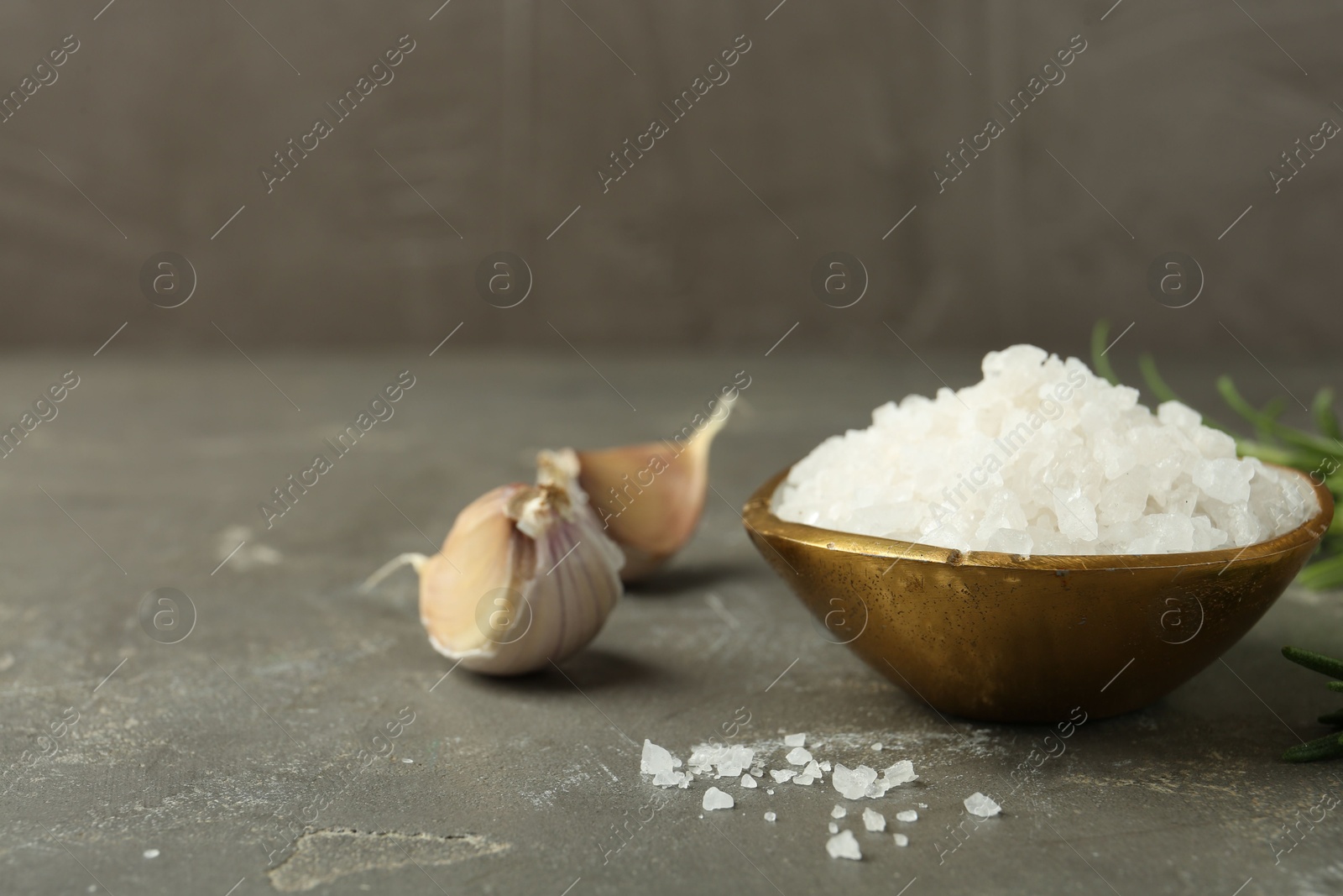 Photo of Sea salt in bowl and garlic on grey table, closeup