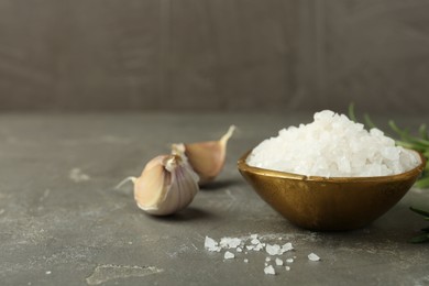 Sea salt in bowl and garlic on grey table, closeup