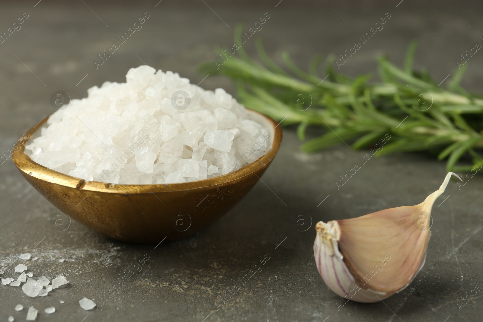 Photo of Sea salt in bowl, garlic and rosemary on grey table, closeup