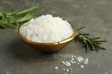 Photo of Sea salt in bowl and rosemary on grey table, closeup