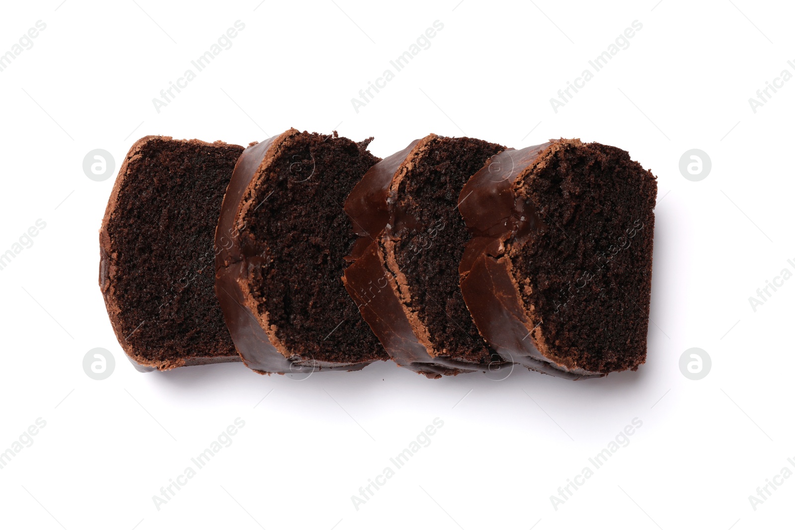 Slices of tasty chocolate sponge cake isolated on white, top view Photo of Slices of tasty chocolate sponge cake isolated on white, top view