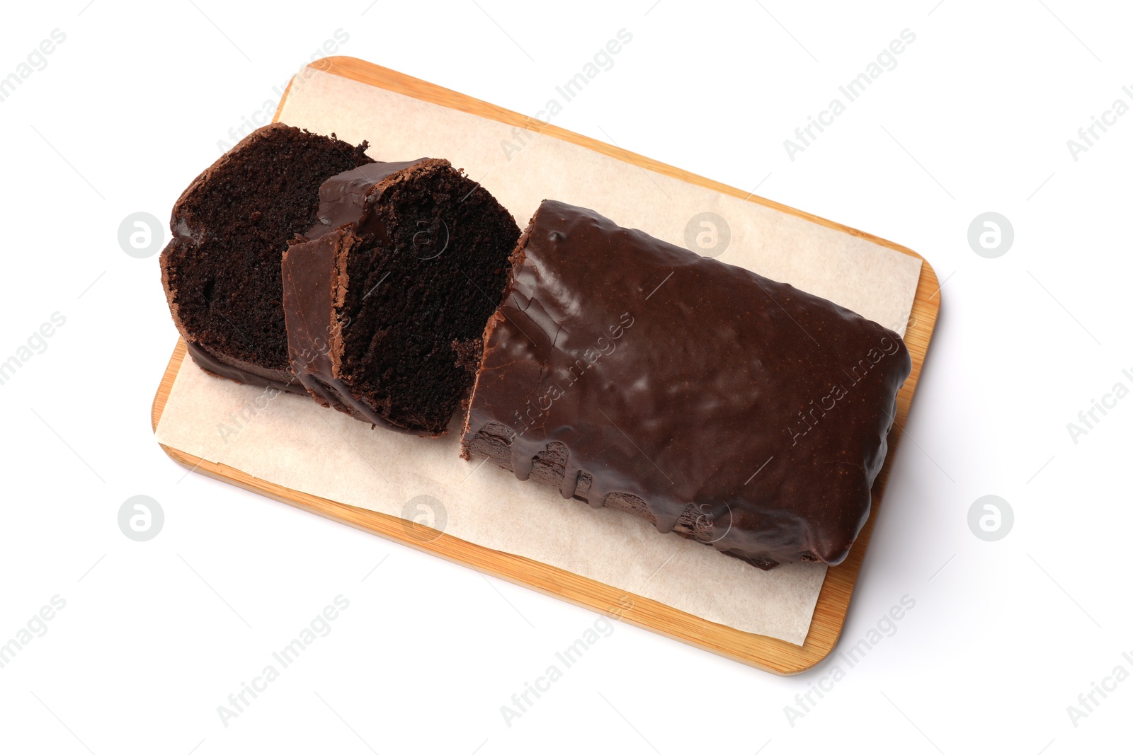 Photo of Tasty chocolate sponge cake isolated on white, top view