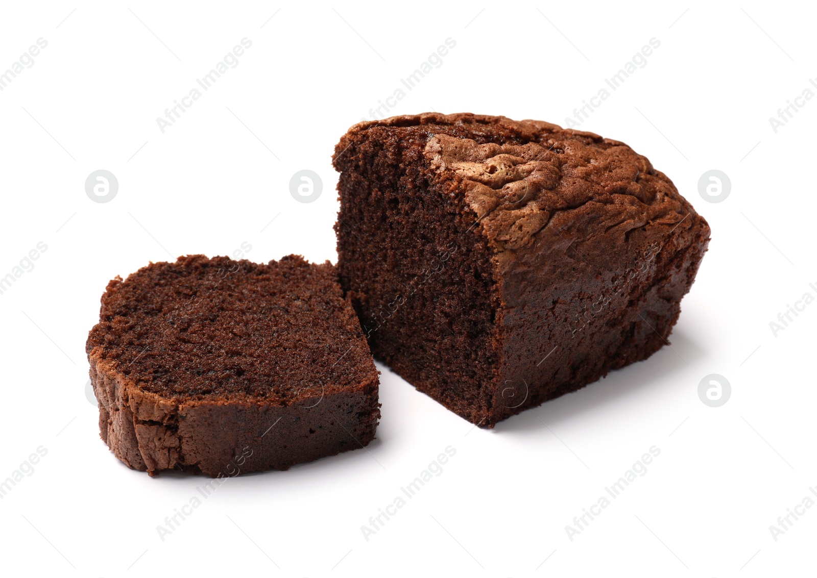 Delicious cut chocolate sponge cake isolated on white Photo of Delicious cut chocolate sponge cake isolated on white