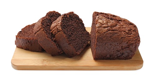 Photo of Slices of delicious chocolate sponge cake isolated on white