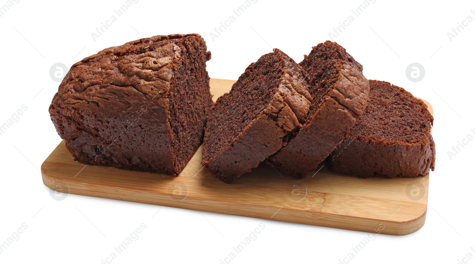 Slices of delicious chocolate sponge cake isolated on white Photo of Slices of delicious chocolate sponge cake isolated on white