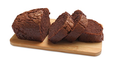 Photo of Slices of delicious chocolate sponge cake isolated on white