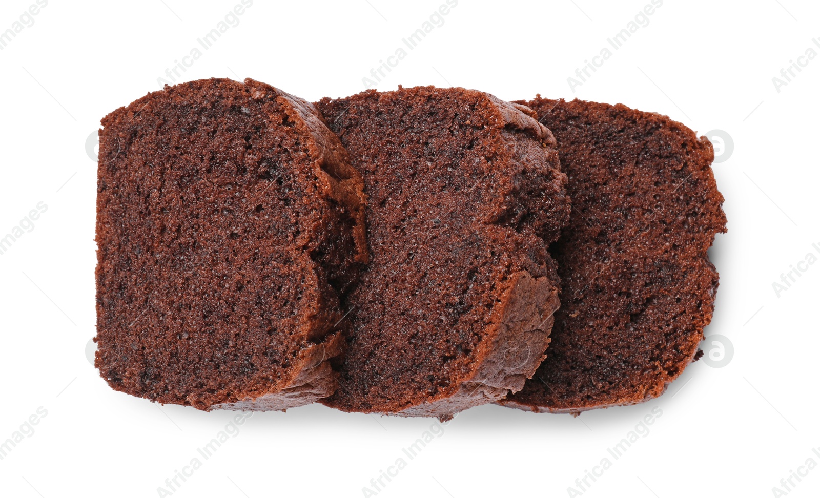 Photo of Slices of delicious chocolate sponge cake isolated on white, top view