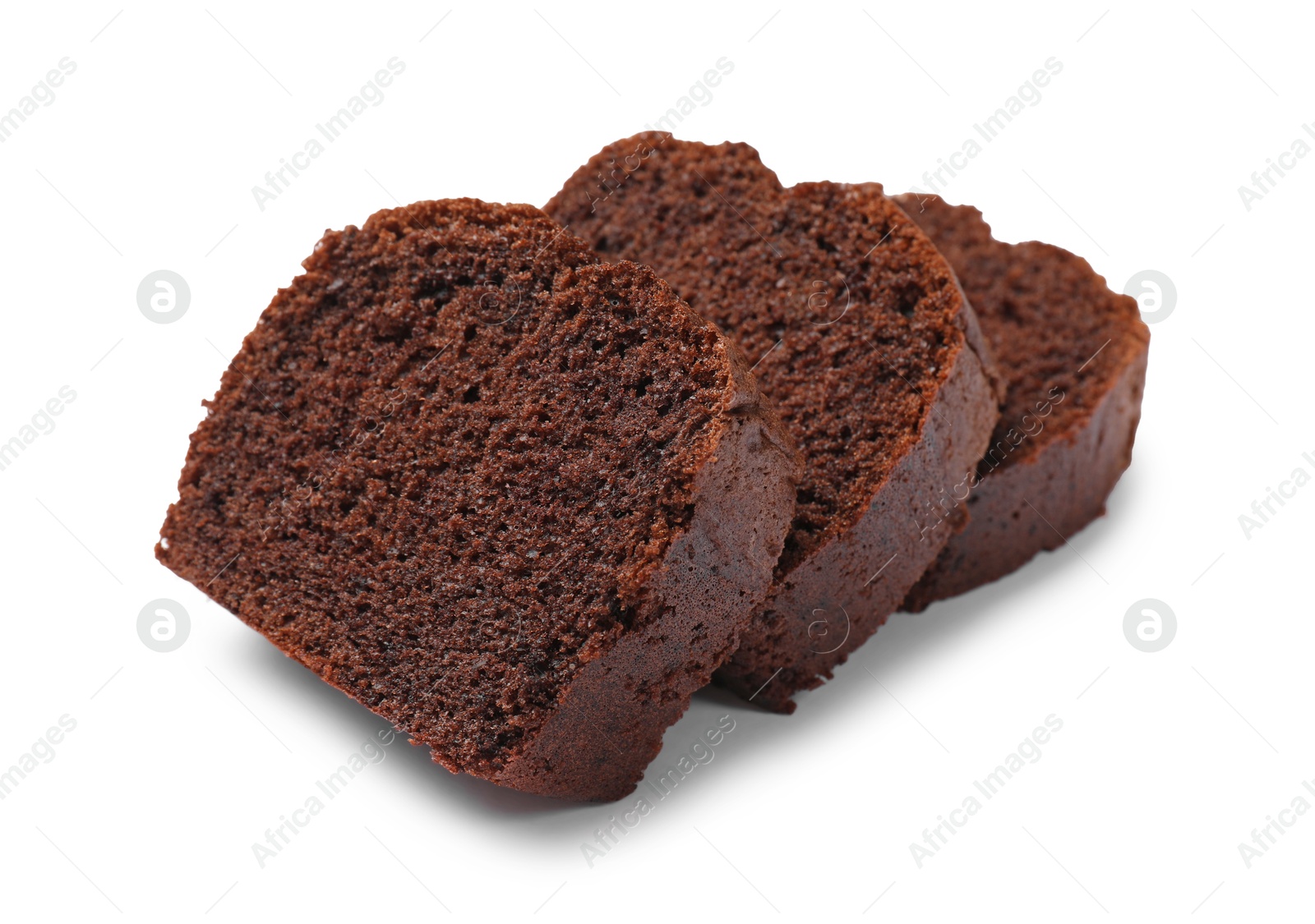 Photo of Slices of delicious chocolate sponge cake isolated on white