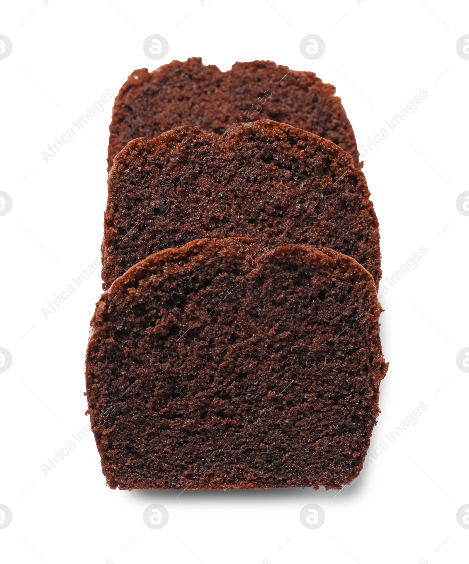 Photo of Slices of delicious chocolate sponge cake isolated on white, top view