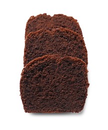 Photo of Slices of delicious chocolate sponge cake isolated on white, top view