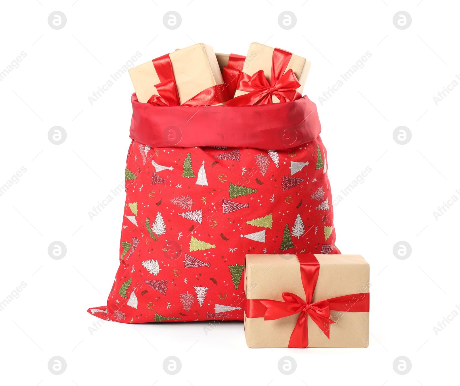 Photo of Santa Claus bag with gift boxes isolated on white