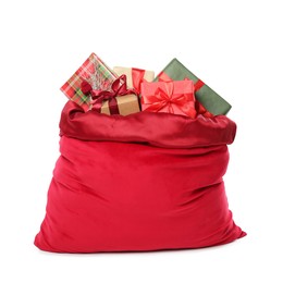 Photo of Santa Claus bag with gift boxes isolated on white