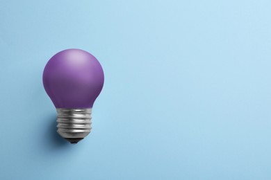 Image of Violet bulb on light blue background, space for text