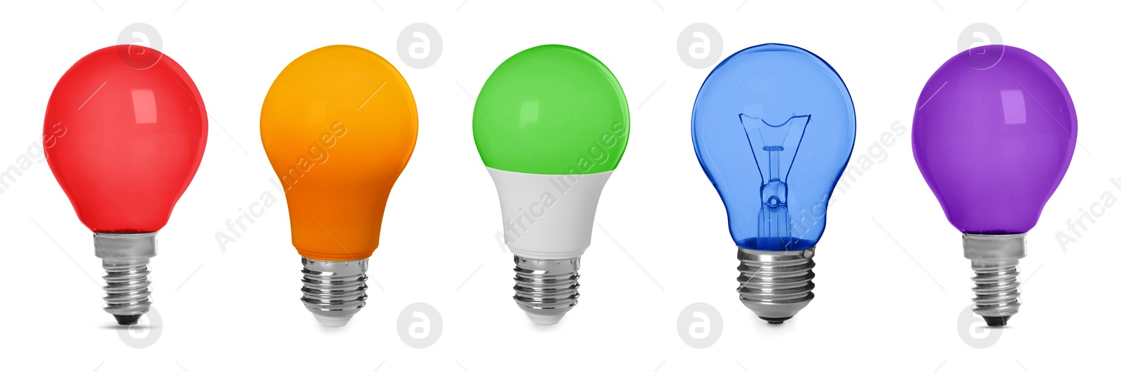 Image of Different light bulbs with colorful glass on white background, set