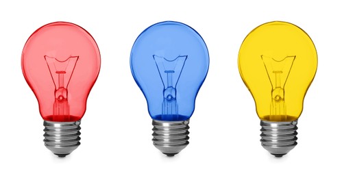 Image of Light bulbs of different colors on white background, set