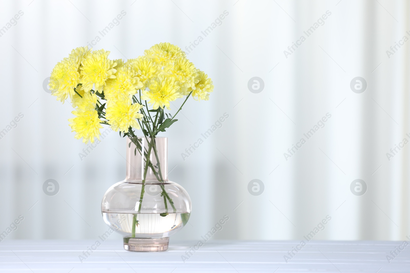 Photo of Beautiful yellow flowers in vase on white wooden table at home. Space for text