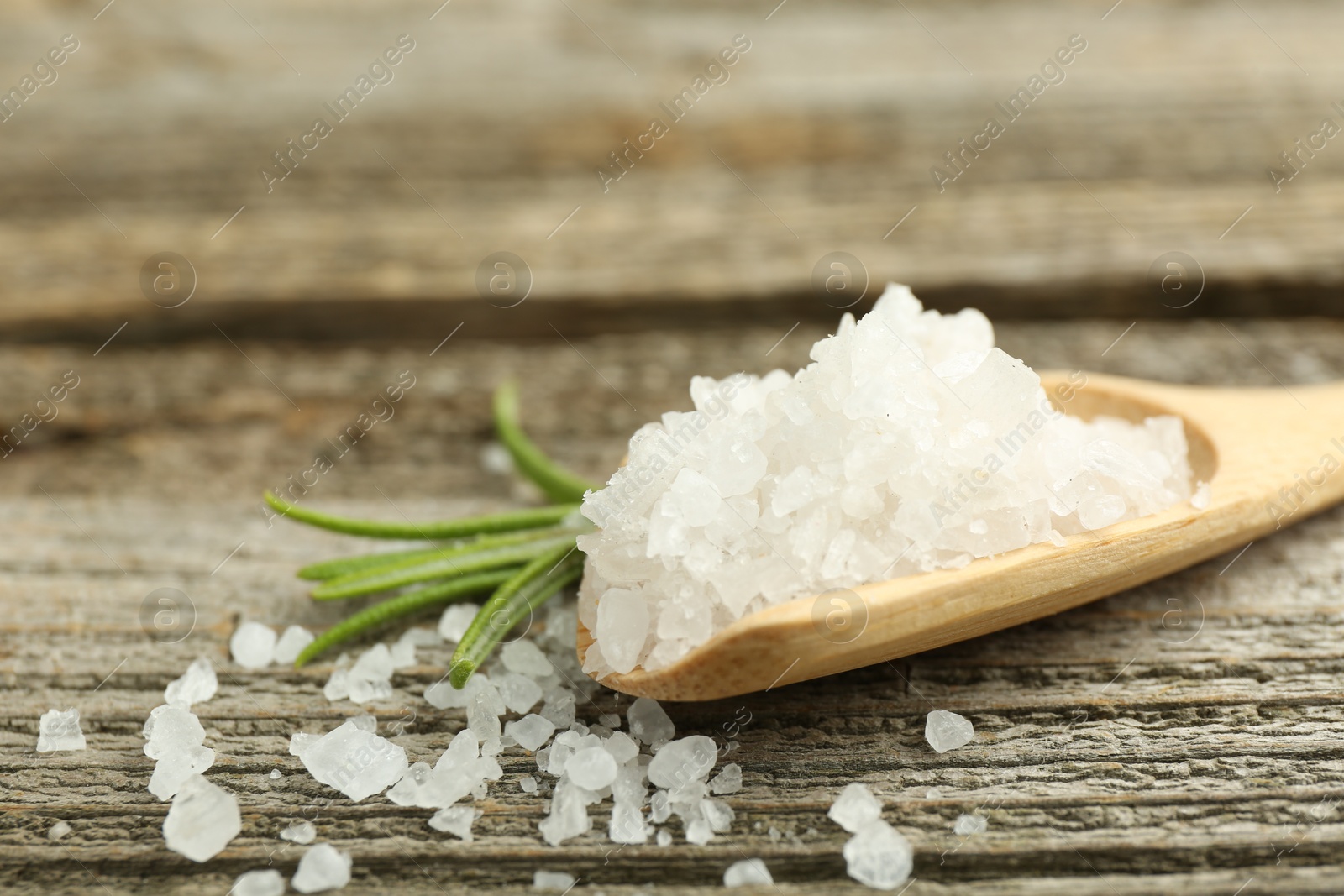 Photo of Sea salt in spoon and rosemary on wooden table, closeup